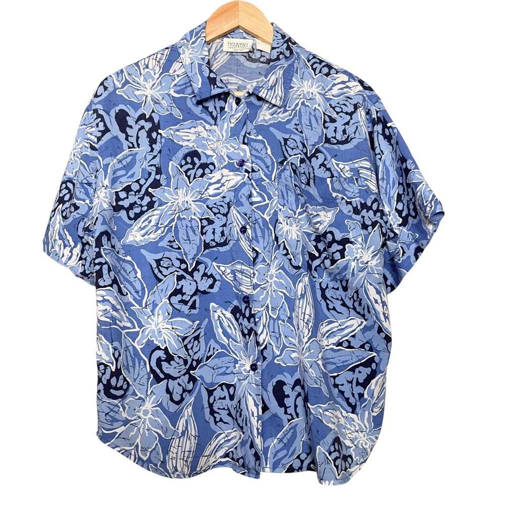 Vintage 90s Floral‎ Shirt Women Large Blue Tropical Hawaiian Batik Button Front